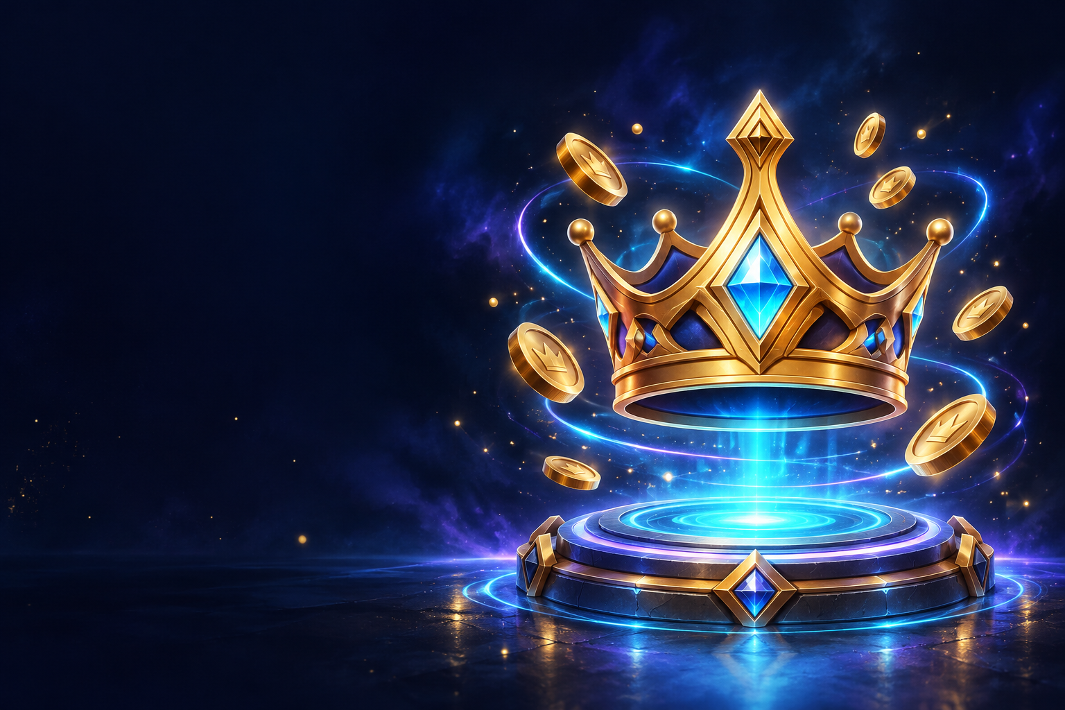 Golden crown floating above a glowing cyan platform